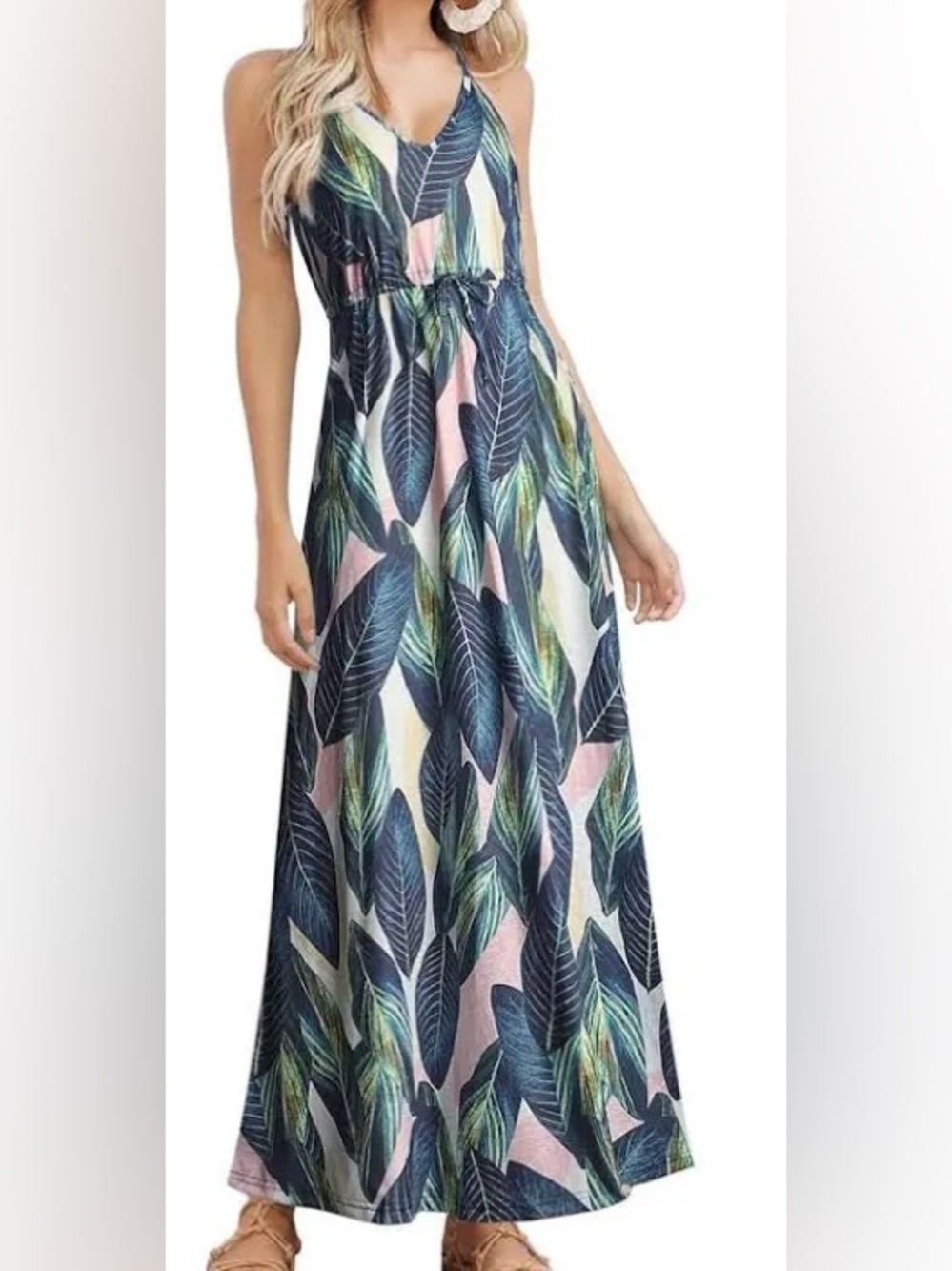 HUSKARY Womens Summer Sleeveless V Neck Spaghetti Strap Tropical Maxi Dress